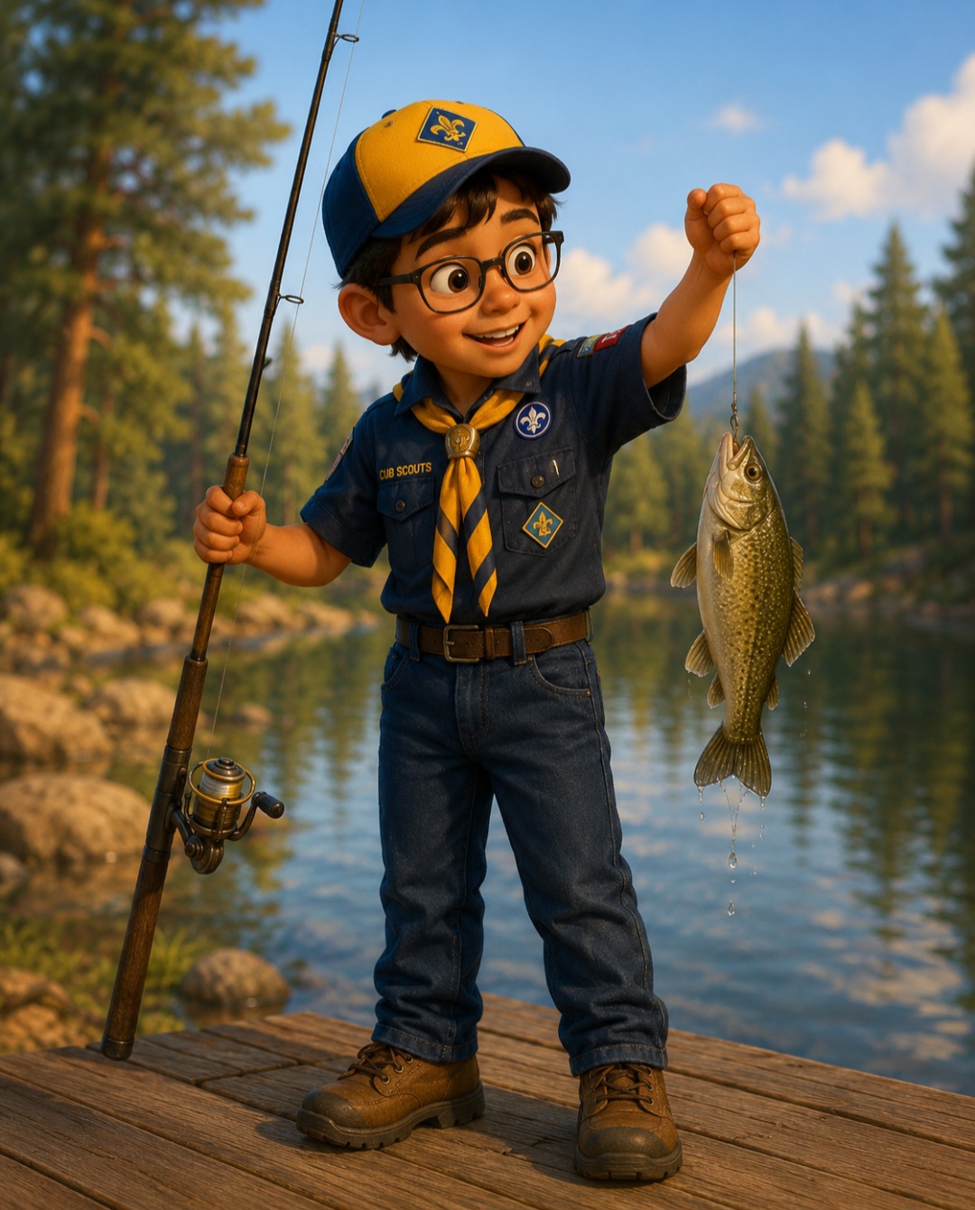 Cub Scout proudly holding a fish on a dock